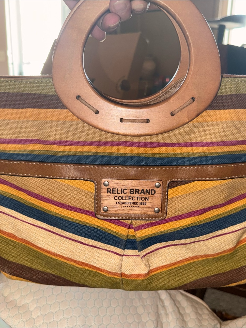 Relic Striped Satchel in Tan, Yellow, Blue, Pink and Olive